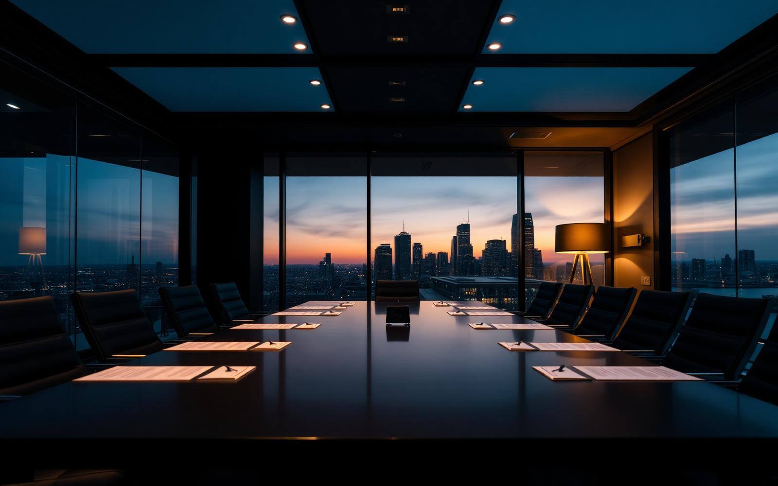 Energy company boardroom overlooking a city skyline at dusk.
